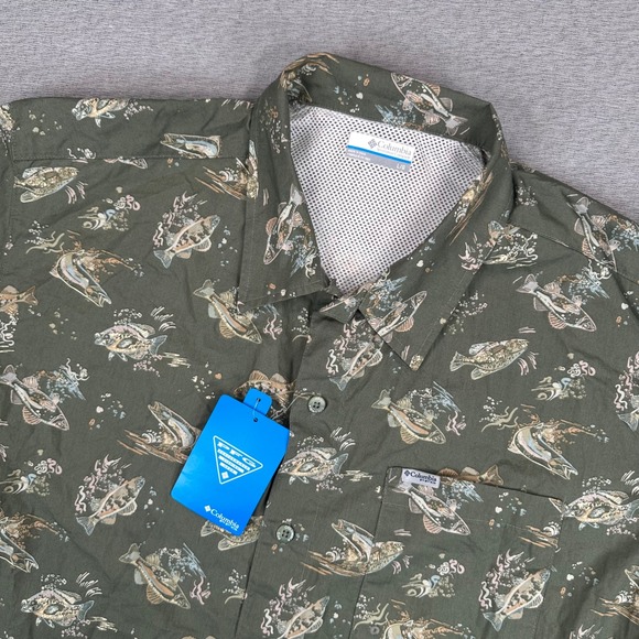 Columbia Other - Columbia PFG Shirt Mens Large Olive Green Trollers Best Fish AOP Print NWT